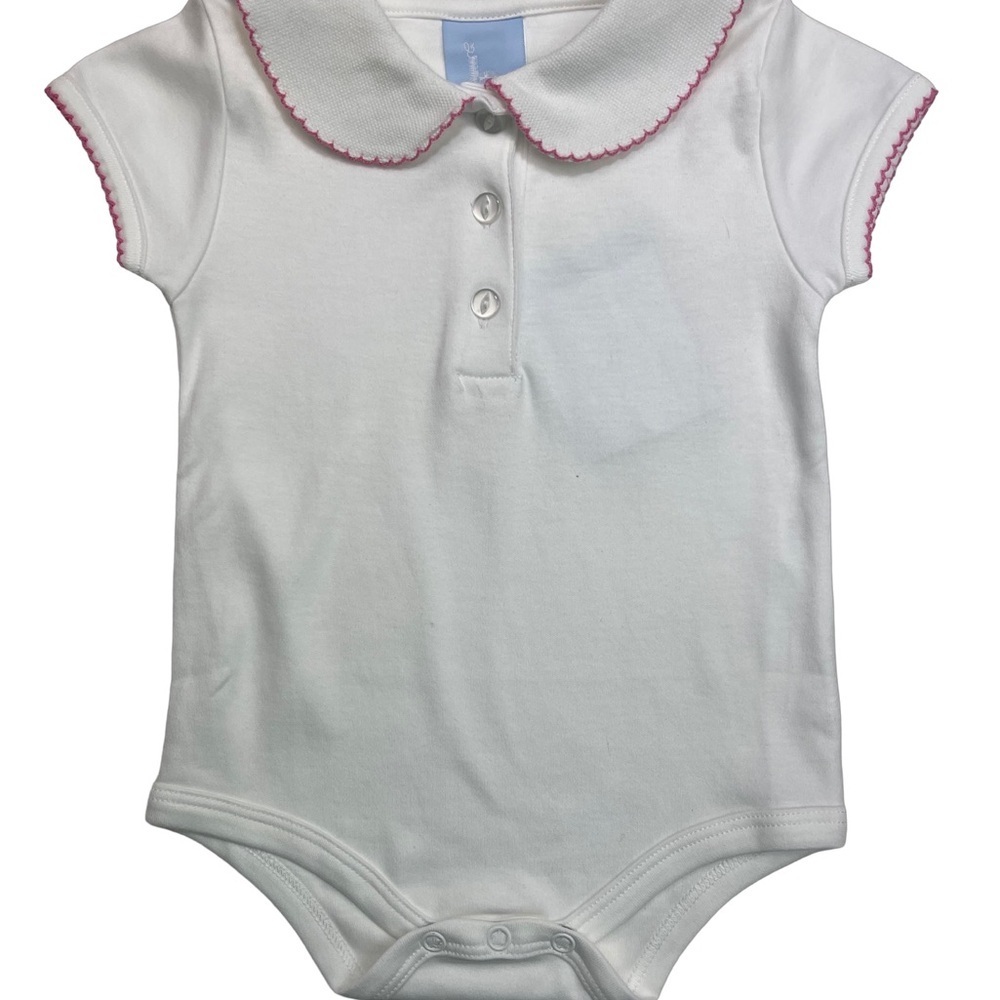NWT Bella Bliss White Pique Collar Knit Button Onesie Blouse Hot Pink Trim